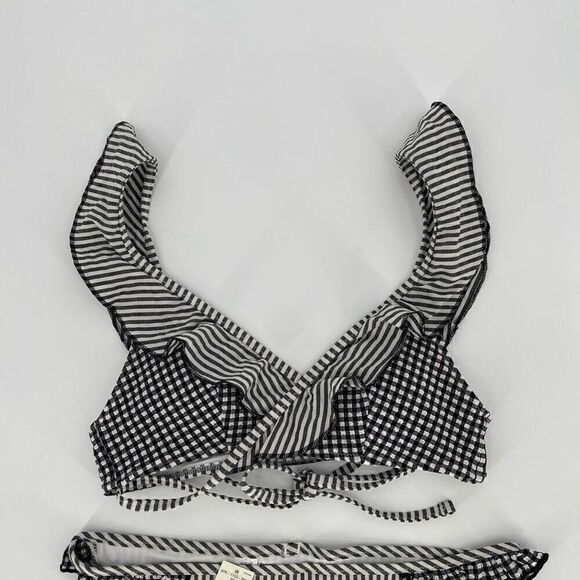 Aerie Seersucker Ruffle Wrap Bikini Scoop Top Swimsuit Set XS Black White NWT - Picture 3 of 9